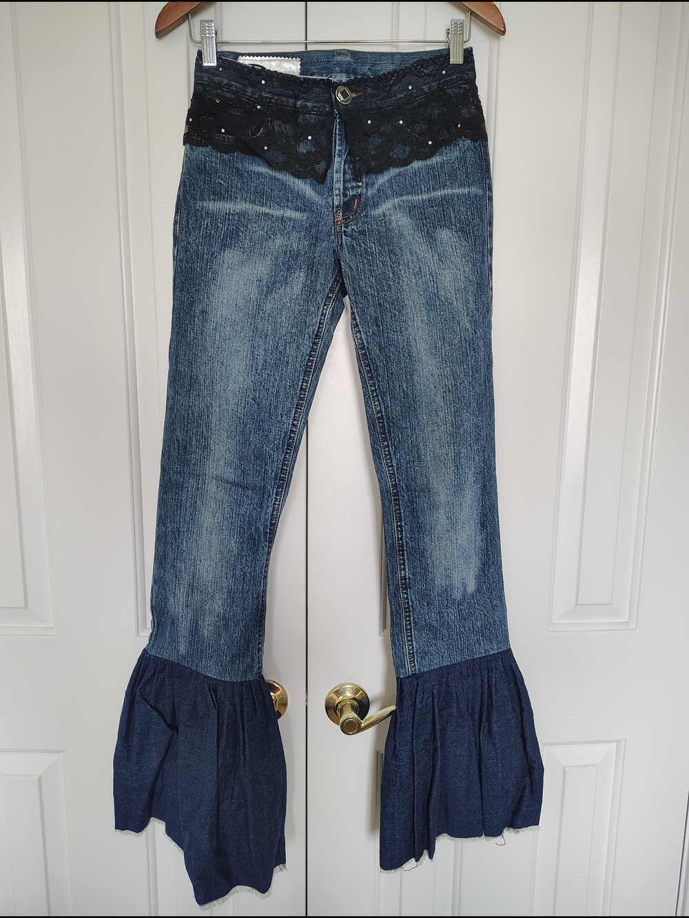 Y2K Insane Flared Jeans with Lace Jeweled Waistband